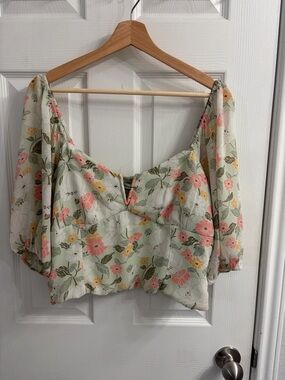 Abercrombie & Fitch Sage Floral Puff-Sleeve Crop Top with Pink & Yellow Blooms